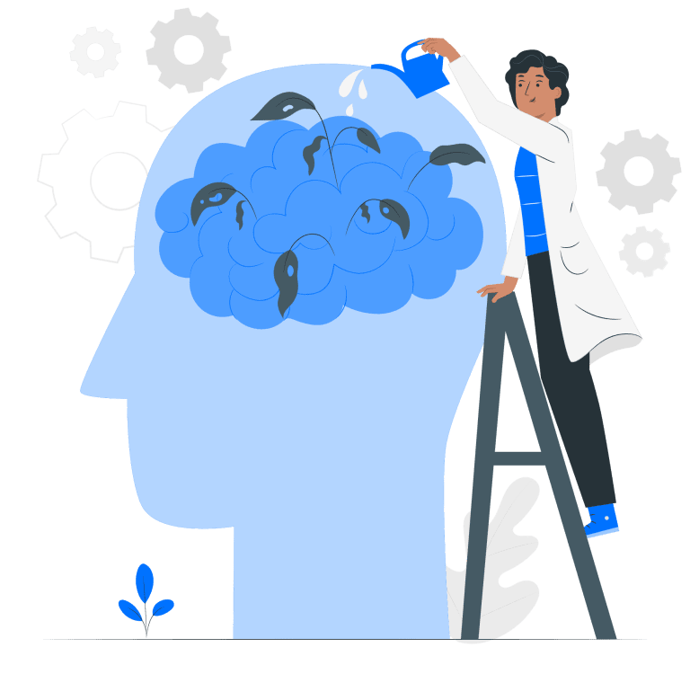 Une personne arrosant un cerveau, symbolisant la philosophie de l'agence digitale