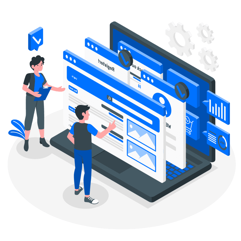 Deux personnes discutant devant un site web en construction, symbolisant notre capacité sur la réalisation de site web